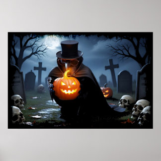 Raven Halloween Graveyard with Pumpkins and Skulls Poster