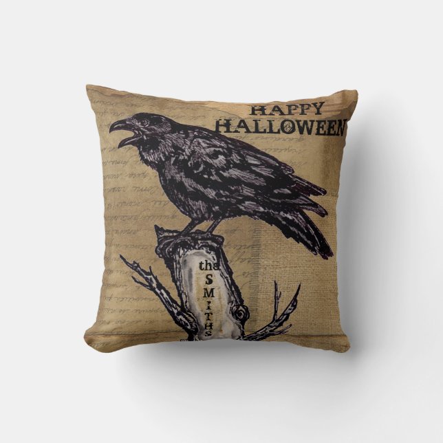 Raven Halloween Pillow Personalize Burlap Neutral (Front)