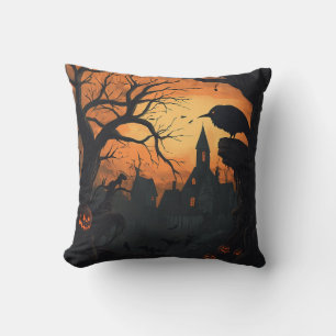 Raven Haunted Village Halloween Black Orange Throw Pillow