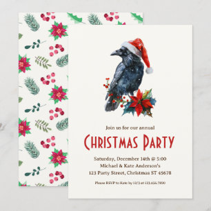 Raven in a Santa Hat Black Bird Christmas Party Invitation