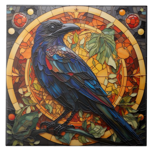 Raven in Autumn, Stained Glass Window Tile (Front)