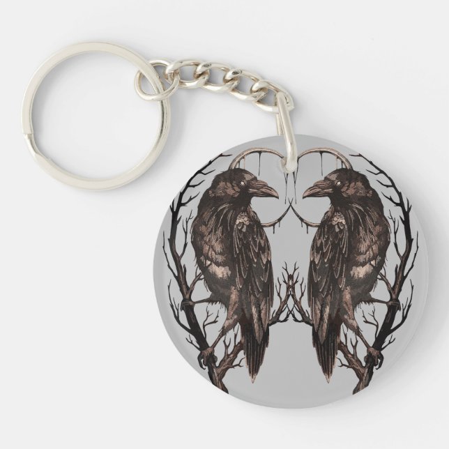Raven in Dead Tree - Dark Gothic Art Keychain (Front)