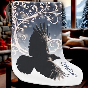 Raven In Flight Wintery Blue White Swirl Elegant Large Christmas Stocking