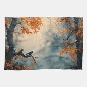 Raven in Misty Autumn Forest Kitchen Towel
