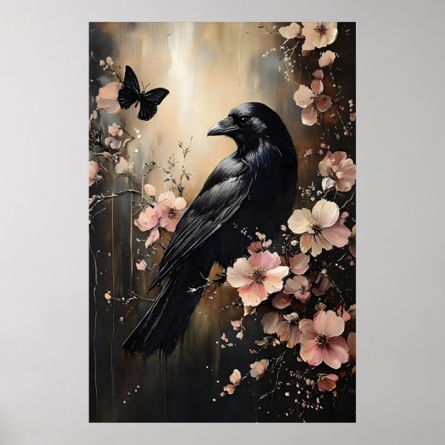 Raven In Moody Flower Forest Printable, Crow Poster (Front)