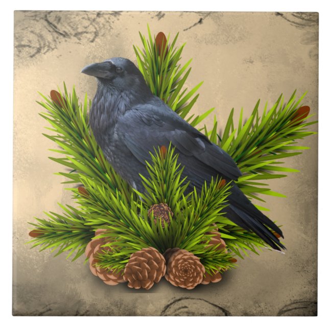 Raven in Pine Tree Trivet Decorative Ceramic Tile (Front)