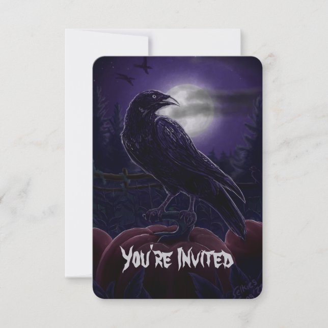 Raven in Pumpkin Patch Halloween Invitations (Front)