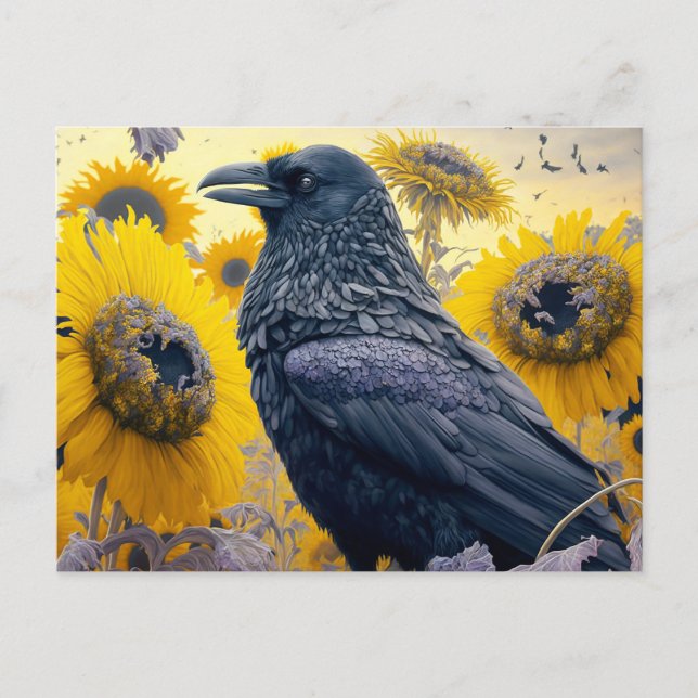 Raven in Sunflower Field Postcard (Front)