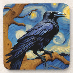 Raven in the old oak tree in the starry night  coaster