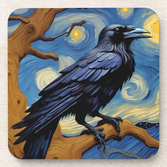 Raven in the old oak tree in the starry night  coaster (Front)