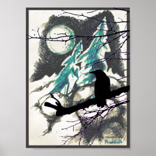 Raven in the woods, the Moon and branches Poster