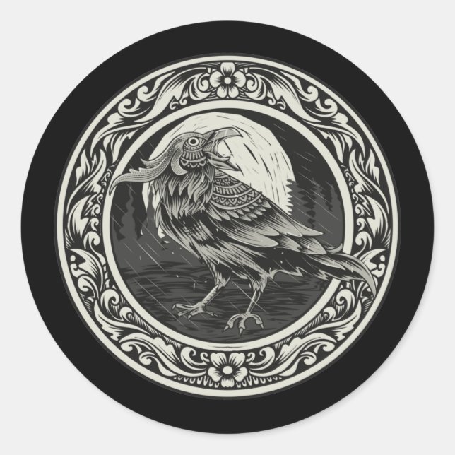 Raven Medallion Carving Art Bird Nature  Classic Round Sticker (Front)