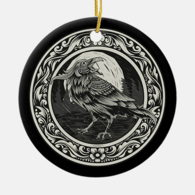 Raven Medallion Carving Art Bird Nature Nevermore Ceramic Ornament (Front)