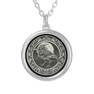 Raven Medallion Carving Art Bird Nature  Silver Plated Necklace