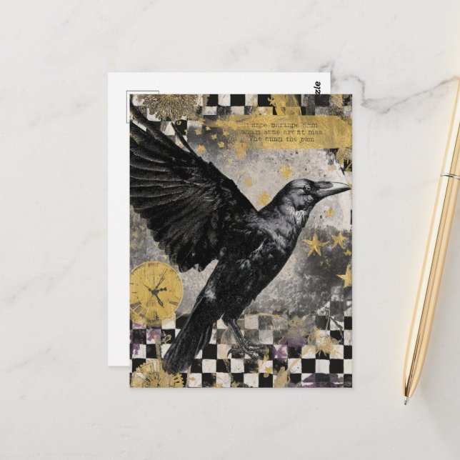Raven Mixed Media Collage Postcard (Front/Back In Situ)