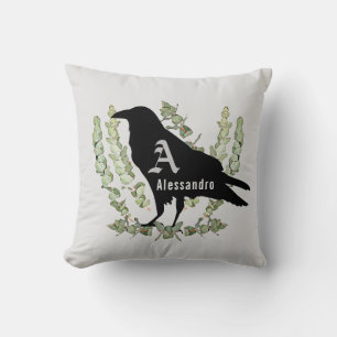 Raven Monogram Spirit Animal Eucalyptus Unisex Throw Pillow