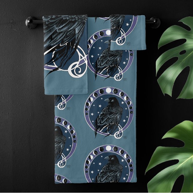 Raven Moon Phases Stars Blue Bath Towel Set (Creator Uploaded)