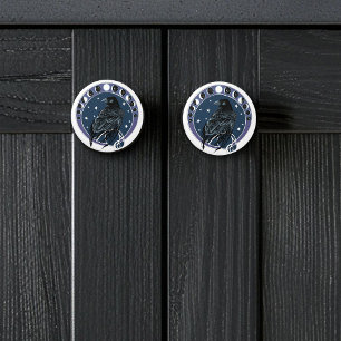 Raven Moon Phases Stars Blue Ceramic Knob