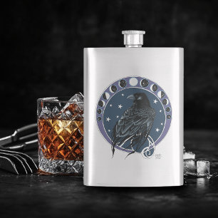 Raven Moon Phases Stars Blue Hip Flask