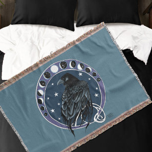 Raven Moon Phases Stars Blue Throw Blanket