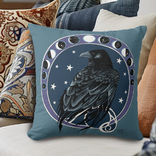 Raven Moon Phases Stars Blue Throw Pillow