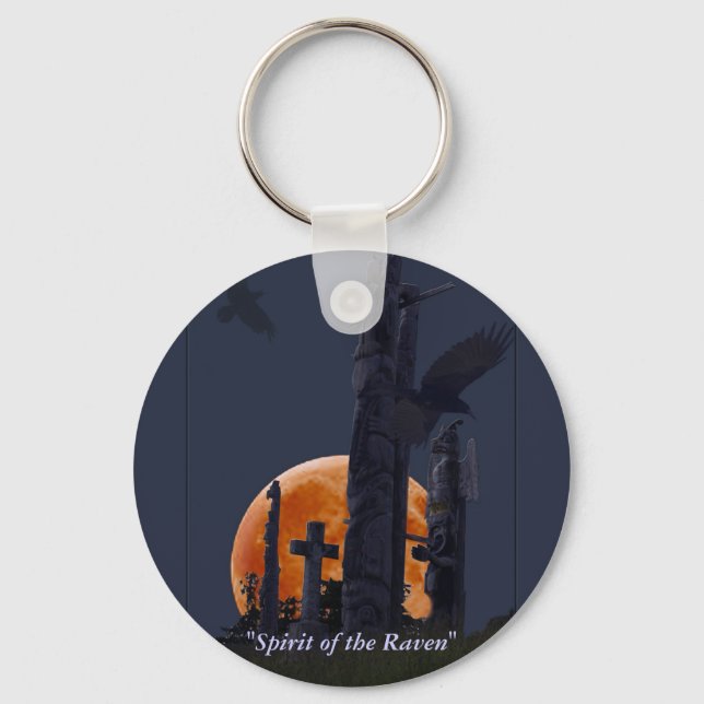 Raven, Moon & Totem Poles in Graveyard Keychain (Front)