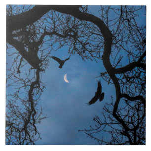 Raven, Oak Tree and Crescent Moon Art Tile