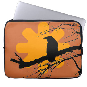Raven on a branch and sun, brown, yellow laptop sleeve