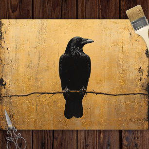 Raven on a Branch Gold Background Decoupage Tissue Paper