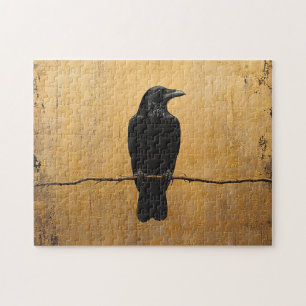 Raven on a Branch Gold Background Jigsaw Puzzle