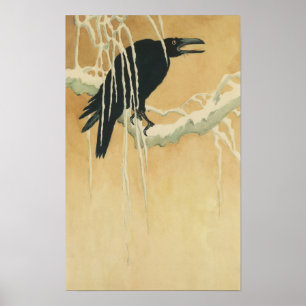 Raven on a tree branch illustration gold black poster