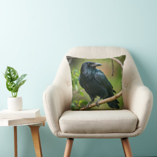 Raven on a Tree Branch Throw Pillow