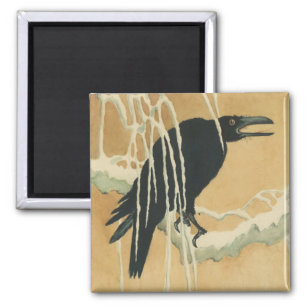 Raven on a tree branch vintage winter illustration magnet