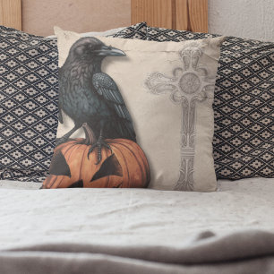 Raven on Jack O Lantern   Victorian Styled Throw Pillow