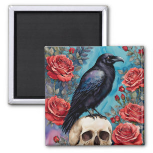 Raven On Skull Red Roses Teal Background Magnet