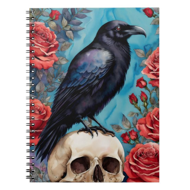 Raven On Skull Red Roses Teal Background Notebook (Front)