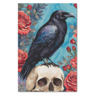 Raven On Skull Red Roses Teal Background Tissue Paper
