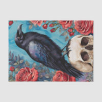 Raven On Skull Red Roses Teal Background