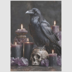 Raven on Skull with Candles and Amethyst Crystals Tissue Paper