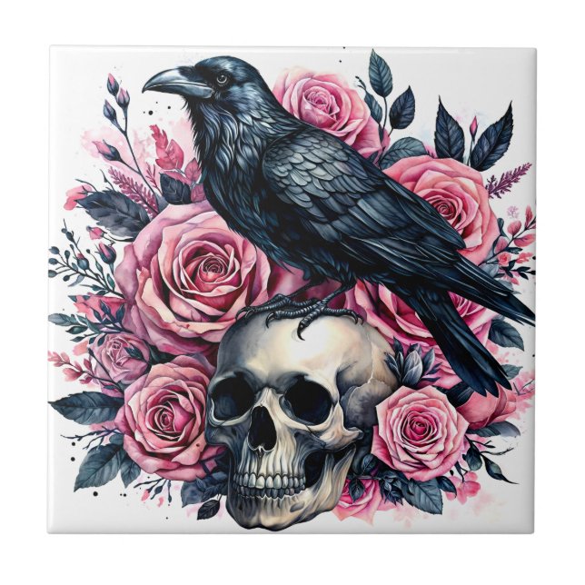 Raven On Skull With Pink Roses Art Tile (Front)