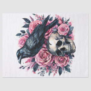 Raven On Skull With Pink Roses Tissue Paper
