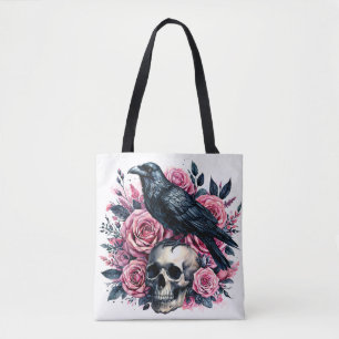 Raven On Skull With Pink Roses Tote Bag