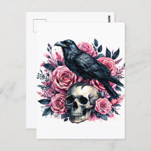 Raven On Skull With Pink Roses Watercolor Art Postcard