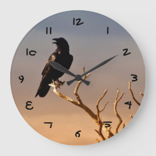 Raven on Sunlit Tree Branches, Grand Canyon Large Clock