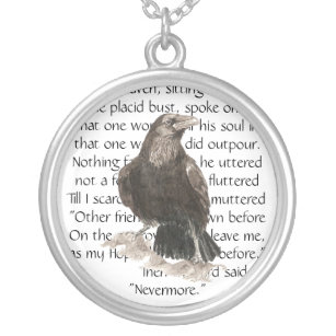 Raven over Edgar Allen Poe Poem, Nevermore Silver Plated Necklace