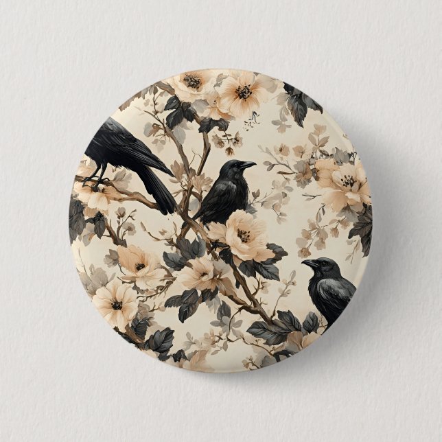 Raven pattern crow floral trees 2 inch round button (Front)