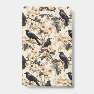 Raven pattern crow floral trees Badge