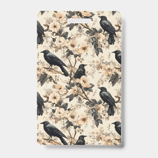 Raven pattern crow floral trees Badge