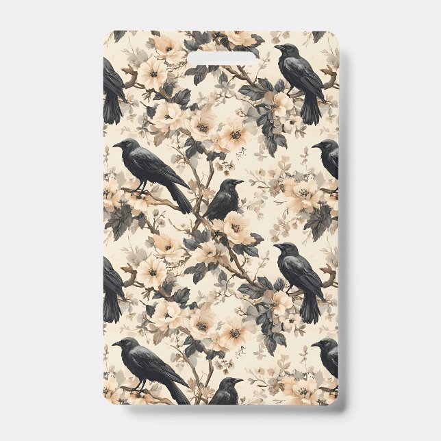 Raven pattern crow floral trees Badge (Front)