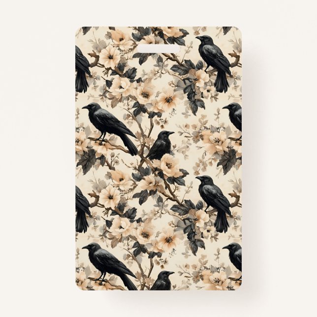 Raven pattern crow floral trees Badge (Front)